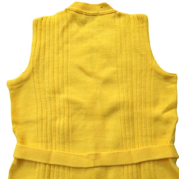 Vintage 1960s Bright Yellow Sleeveless Belted Knit Cardigan Sweater Vest Pockets - Picture 10 of 11
